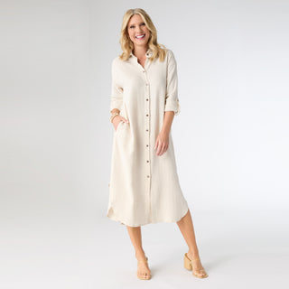 Keira Long Sleeve Dress with Back Button Detail - Natural