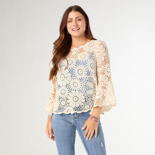 Kristen Elbow Sleeve Crochet Top - Natural