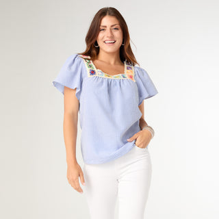 Amy Top with Crochet Trim - Blue/White