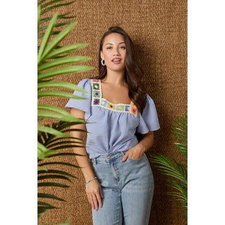 Amy Top with Crochet Trim - Blue/White