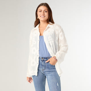 Charlene Button Front Embroidered Top - White