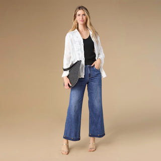 Charlene Button Front Embroidered Top - White