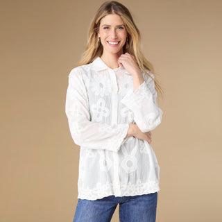 Charlene Button Front Embroidered Top - White
