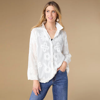 Charlene Button Front Embroidered Top - White