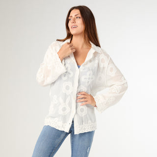 Charlene Button Front Embroidered Top - White