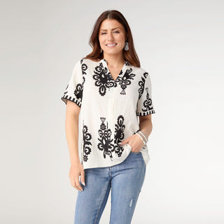 Marcell V-Neck Printed Top - Off White/Black