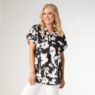 Jackie V-Neck Floral Printed Top - Black/White