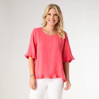 Kenna Elbow Sleeve Ruffle Top - Bright Coral