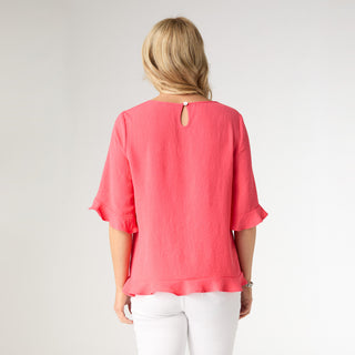 Kenna Elbow Sleeve Ruffle Top - Bright Coral