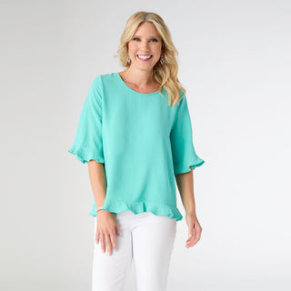 Kenna Elbow Sleeve Ruffle Top - Aqua