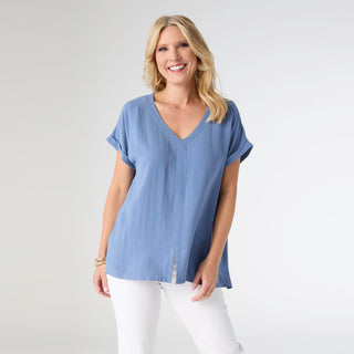 Norma V-Neck Top with Front Seam - Blue Aura