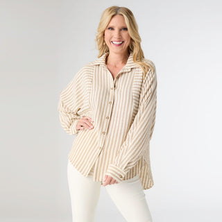 Kathy Relaxed Fit Button Front Striped Top - Taupe