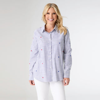Patriotic Striped Blouse with Stars - Blue/White