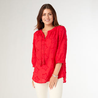 Hattie V-Neck Top with Embroidered Star - Tango Red