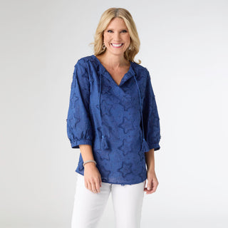 Hattie V-Neck Top with Embroidered Star - Navy