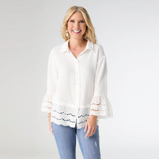 Becky Button Front Top with Embroidery - White