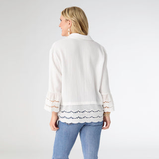 Becky Button Front Top with Embroidery - White