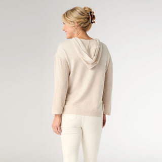 Lightweight Heavenly-Luxe 3/4 Sleeve Hooded Sweater with Textured Sleeve - Oatmeal