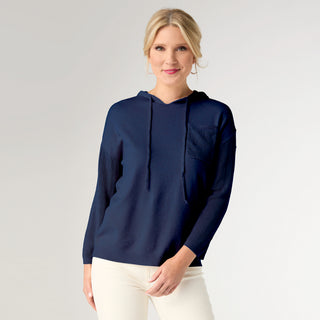 Lightweight Heavenly-Luxe 3/4 Sleeve Hooded Sweater with Textured Sleeve - Patriot Blue