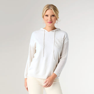 Lightweight Heavenly-Luxe 3/4 Sleeve Hooded Sweater with Textured Sleeve - Bright White