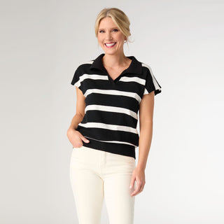 Lightweight Heavenly-Luxe Short Sleeve V-Neck Striped Sweater - Black/White