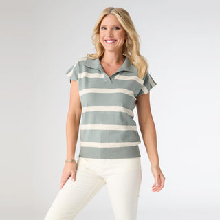 Lightweight Heavenly-Luxe Short Sleeve V-Neck Striped Sweater - Sage Wisdom/White