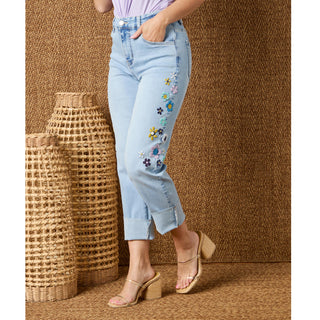 EverStretch Straight Ankle with Side Flower Embroidery - Light Denim