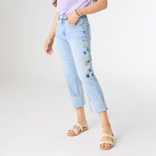 EverStretch Straight Ankle with Side Flower Embroidery - Light Denim