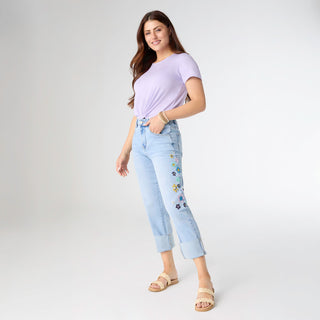 EverStretch Straight Ankle with Side Flower Embroidery - Light Denim