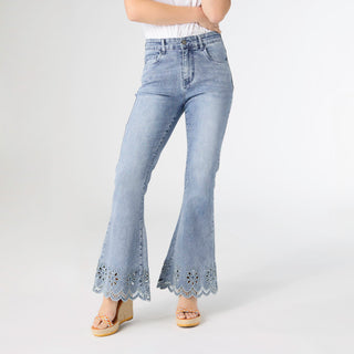 EverStretch Flare with Scalloped Flower Cut-Out - Light Denim