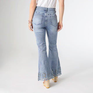 EverStretch Flare with Scalloped Flower Cut-Out - Light Denim