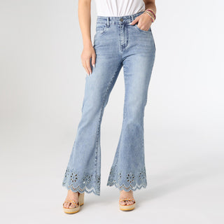EverStretch Flare with Scalloped Flower Cut-Out - Light Denim