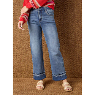 EverStretch Wide Leg Ankle with Raw Contrast Bottom - Medium Denim