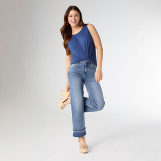 EverStretch Wide Leg Ankle with Raw Contrast Bottom - Medium Denim