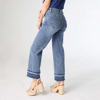 EverStretch Wide Leg Ankle with Raw Contrast Bottom - Medium Denim