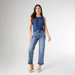 EverStretch Wide Leg Ankle with Raw Contrast Bottom - Medium Denim