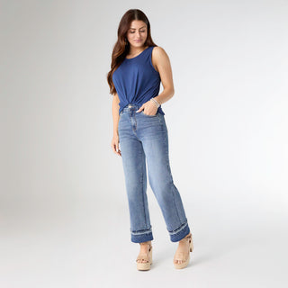 EverStretch Wide Leg Ankle with Raw Contrast Bottom - Medium Denim