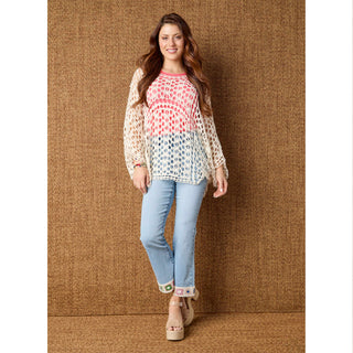 EverStretch Flare Crop with Crochet Floral Trim - Light Denim