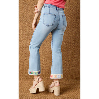EverStretch Flare Crop with Crochet Floral Trim - Light Denim