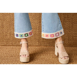 EverStretch Flare Crop with Crochet Floral Trim - Light Denim