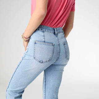 EverStretch Flare Crop with Crochet Floral Trim - Light Denim