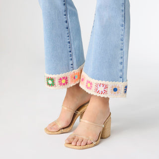EverStretch Flare Crop with Crochet Floral Trim - Light Denim
