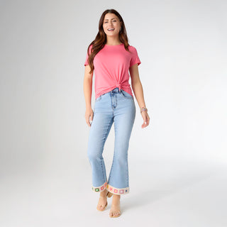 EverStretch Flare Crop with Crochet Floral Trim - Light Denim
