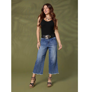 Bambu Soft Wide Leg Raw Bottom Capri - Medium Denim