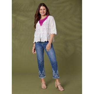 Bambu Soft Straight Crop with Floral Embroidery - Medium Denim