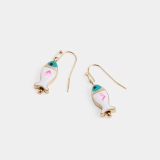Enamel Fish Dangle Earrings - White/Pink
