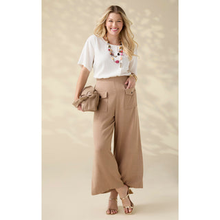 Elin Linen Crop Pant with Button Pocket - Beige
