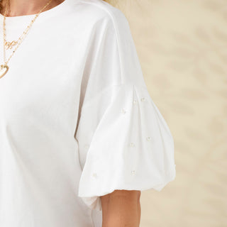 Camille Top with Pearl Puff Sleeve - White