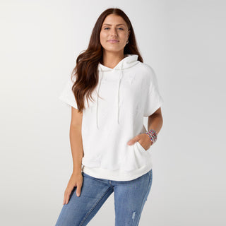 Arianna Short Sleeve Hoodie with Pockets - White Star