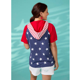 Brianna Hooded Tee with Stars & Stripes - Red/Blue